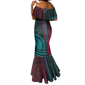 African Dashiki and Polynesian Pattern Mermaid Dress Half Teal-Pink