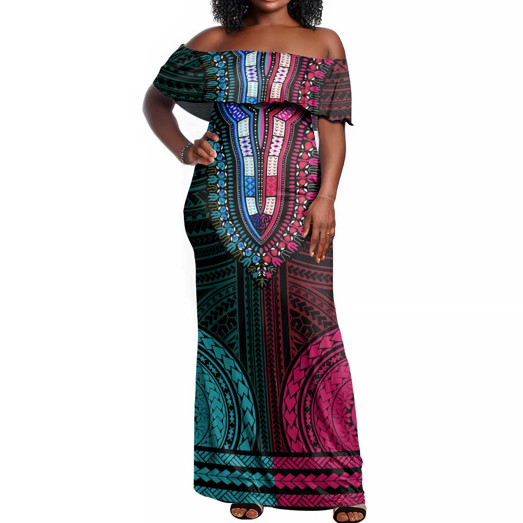 African Dashiki and Polynesian Pattern Off Shoulder Maxi Dress Half Teal-Pink