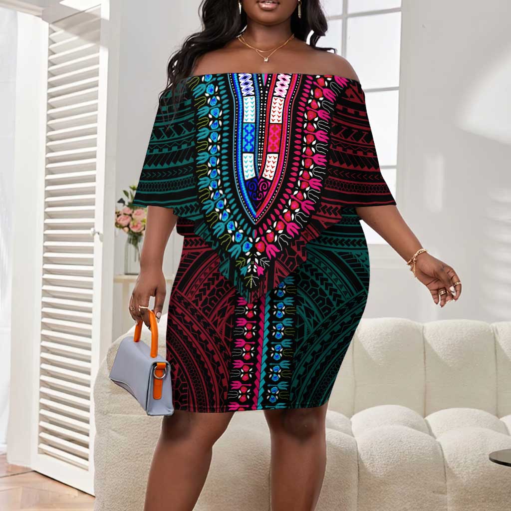 African Dashiki and Polynesian Pattern Off Shoulder Short Dress Half Teal-Pink