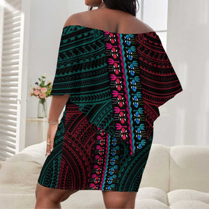 African Dashiki and Polynesian Pattern Off Shoulder Short Dress Half Teal-Pink