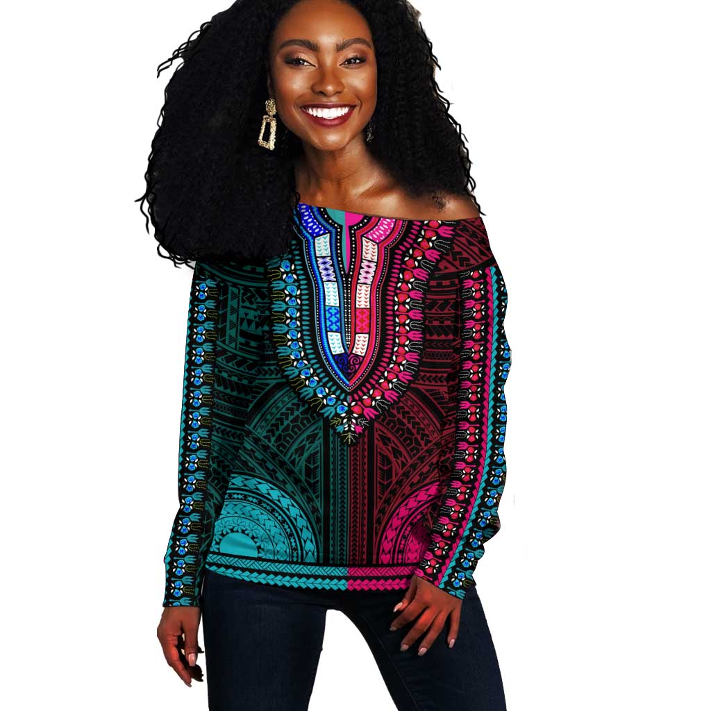 African Dashiki and Polynesian Pattern Off Shoulder Sweater Half Teal-Pink