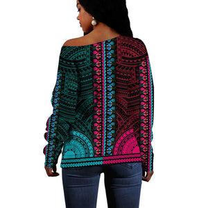 African Dashiki and Polynesian Pattern Off Shoulder Sweater Half Teal-Pink