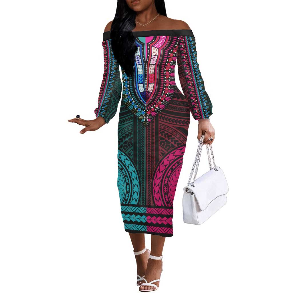 African Dashiki and Polynesian Pattern Off The Shoulder Long Sleeve Dress Half Teal-Pink