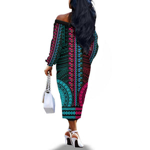 African Dashiki and Polynesian Pattern Off The Shoulder Long Sleeve Dress Half Teal-Pink