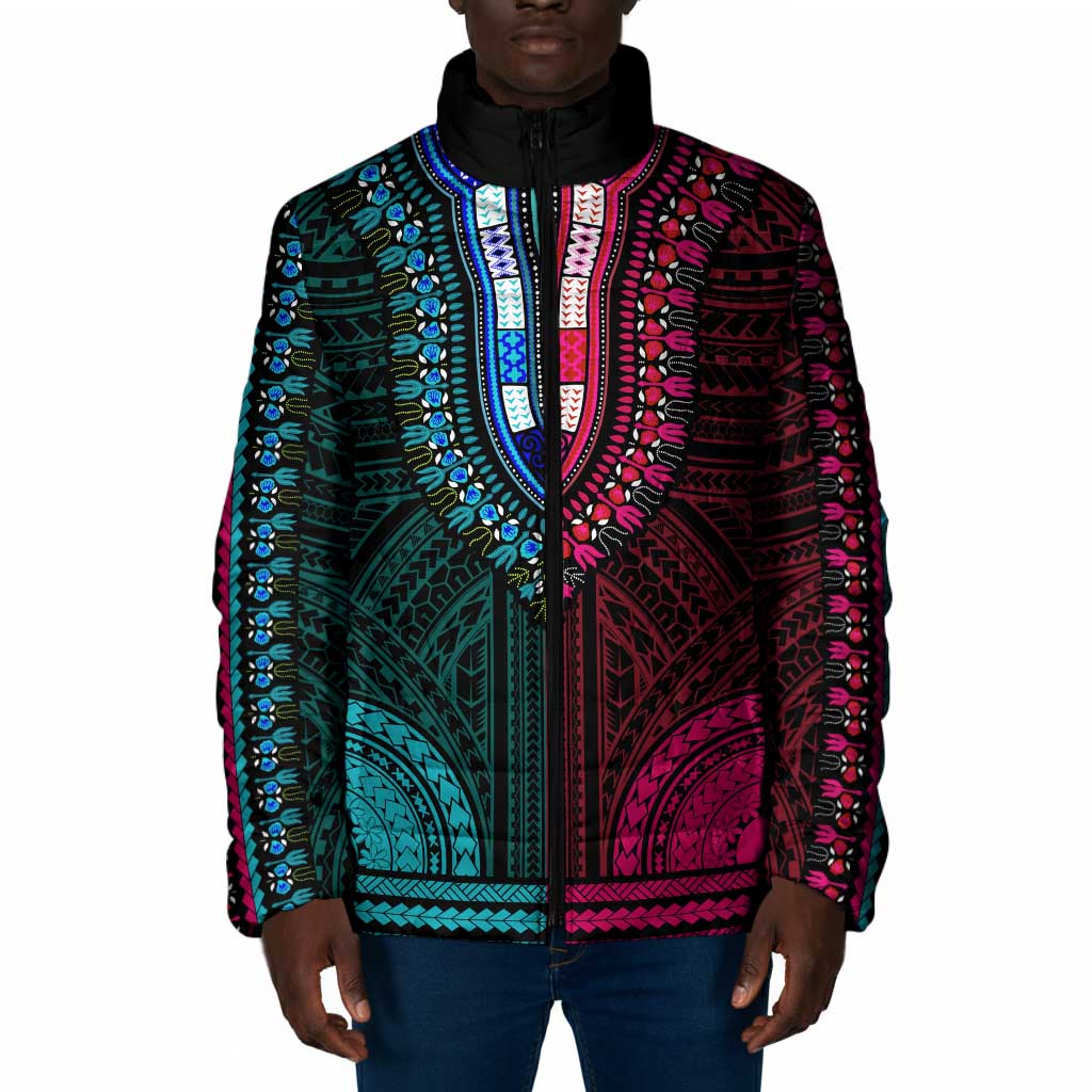 African Dashiki and Polynesian Pattern Padded Jacket Half Teal-Pink