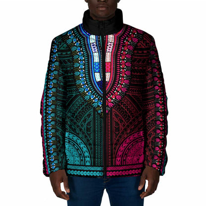 African Dashiki and Polynesian Pattern Padded Jacket Half Teal-Pink