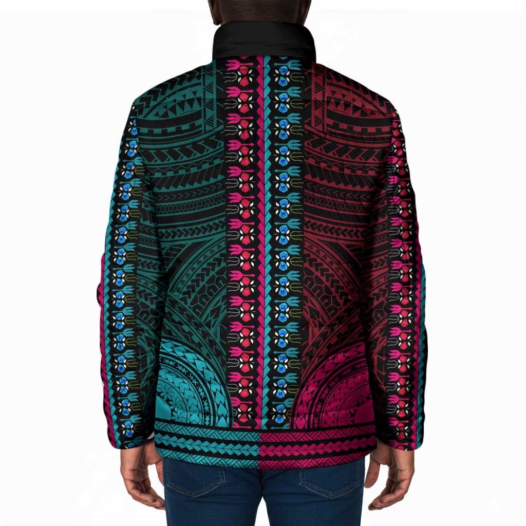 African Dashiki and Polynesian Pattern Padded Jacket Half Teal-Pink