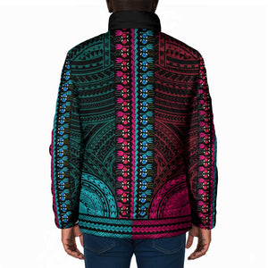 African Dashiki and Polynesian Pattern Padded Jacket Half Teal-Pink
