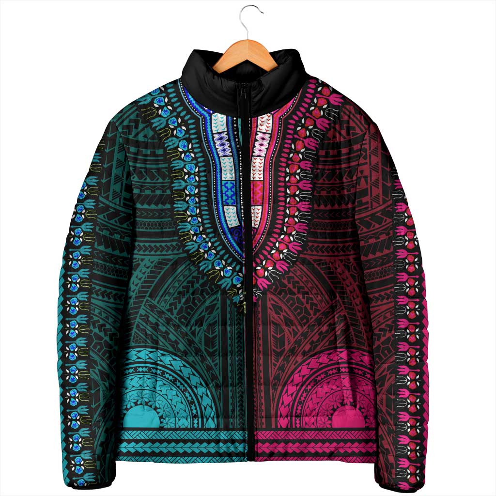 African Dashiki and Polynesian Pattern Padded Jacket Half Teal-Pink