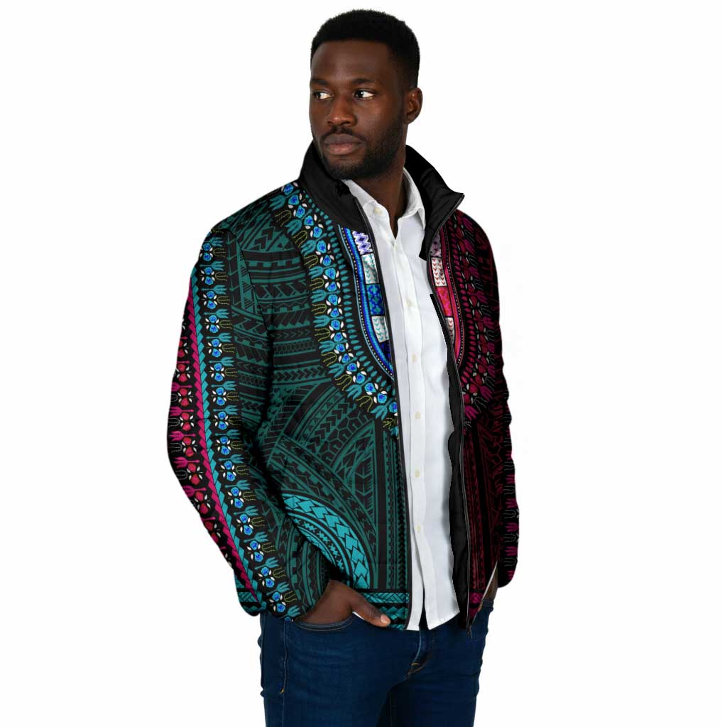 African Dashiki and Polynesian Pattern Padded Jacket Half Teal-Pink