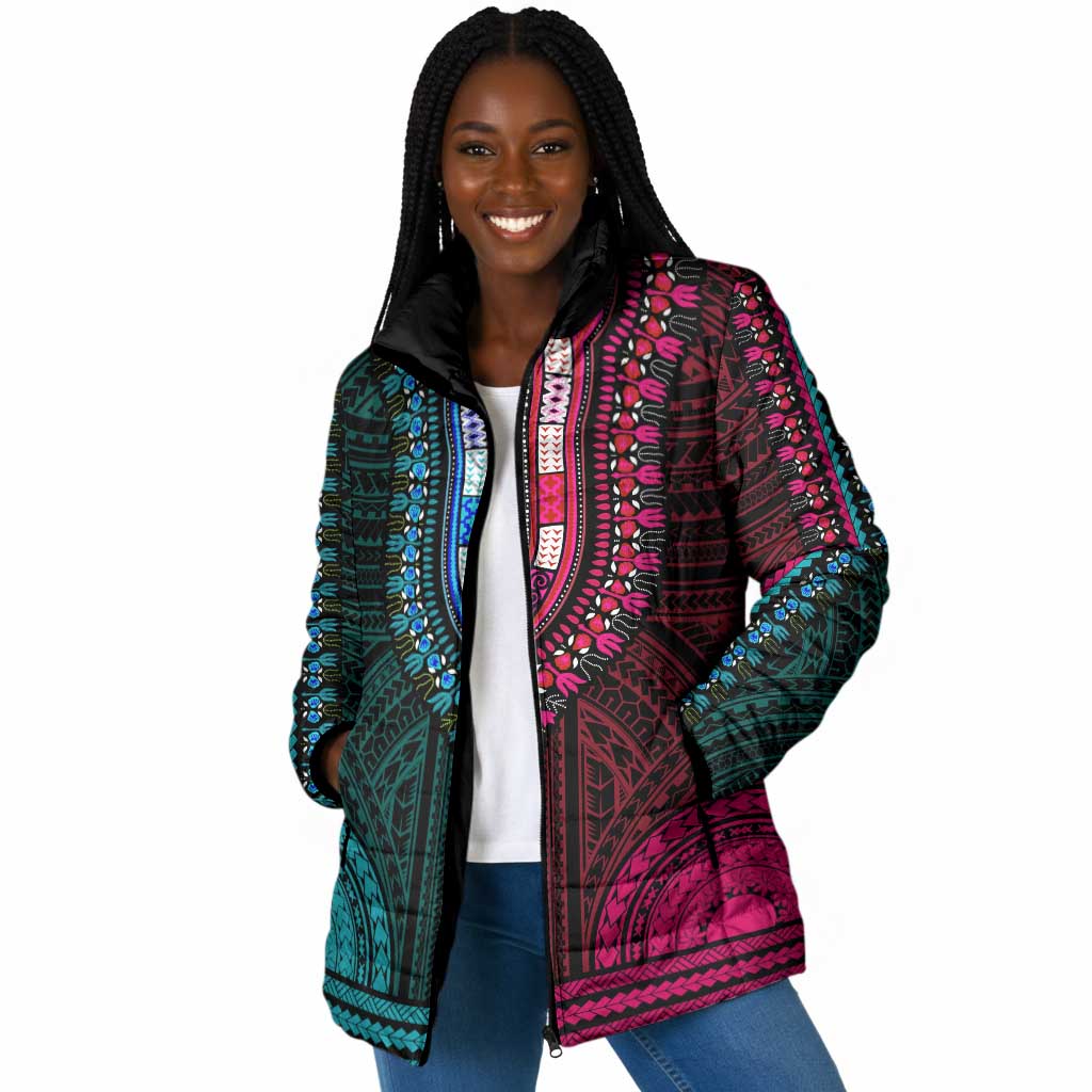 African Dashiki and Polynesian Pattern Padded Jacket Half Teal-Pink