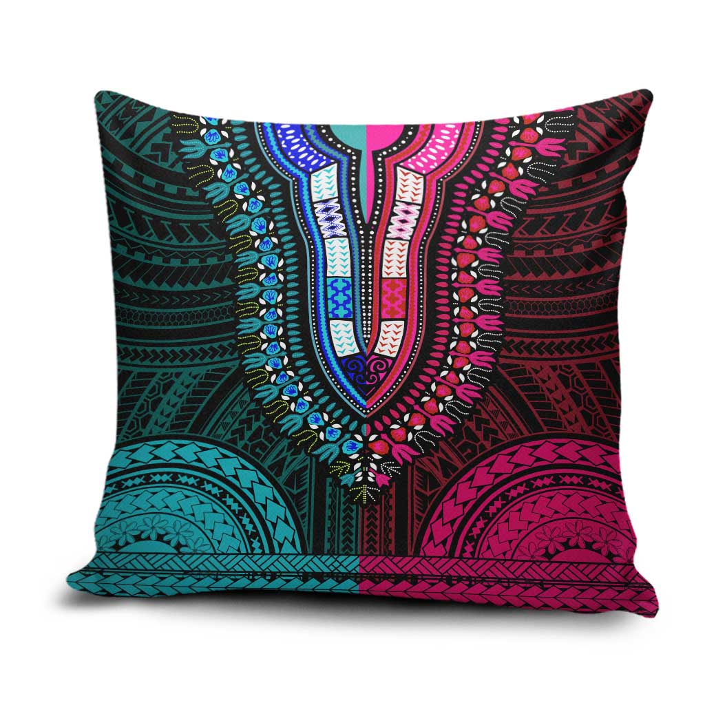 African Dashiki and Polynesian Pattern Pillow Cover Half Teal-Pink