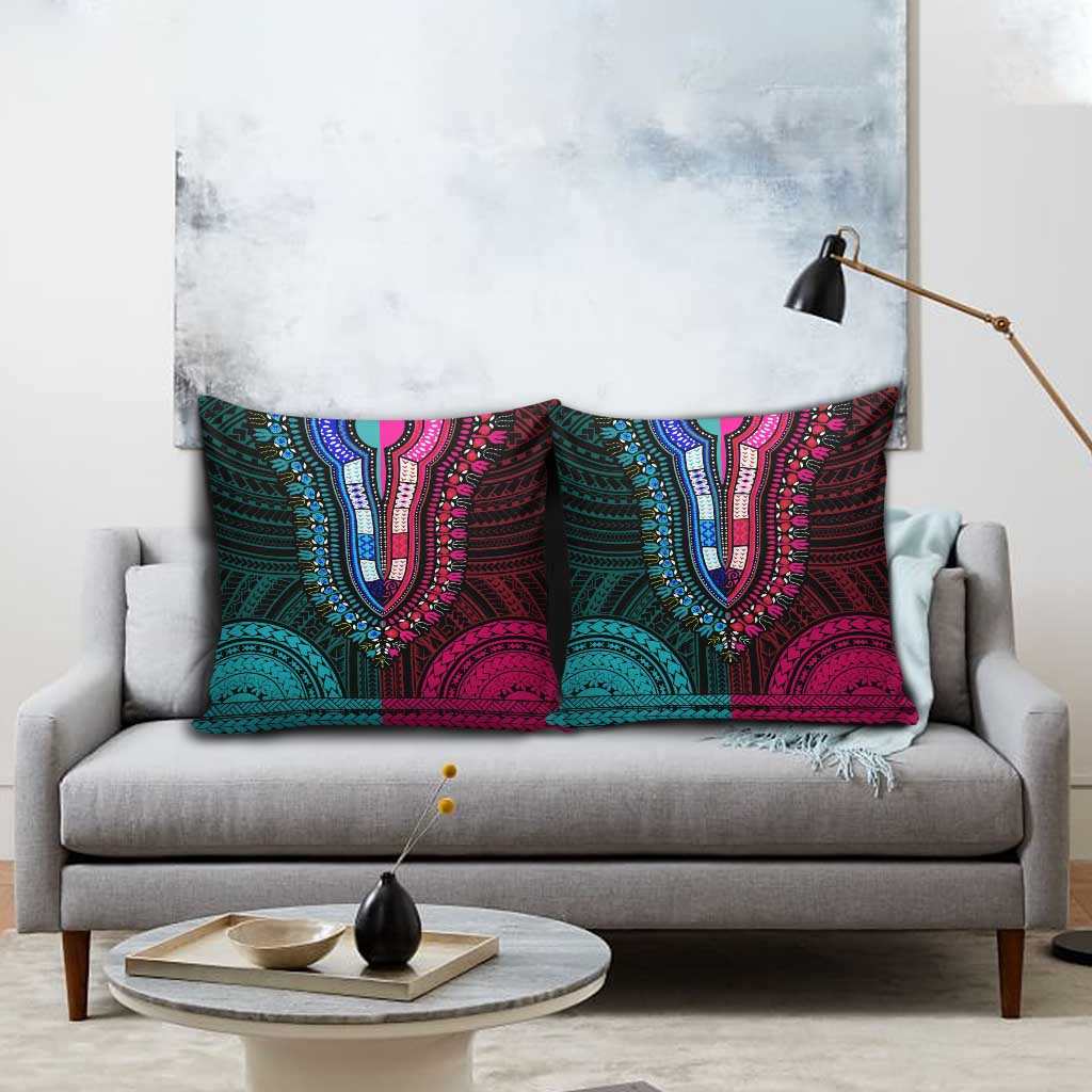 African Dashiki and Polynesian Pattern Pillow Cover Half Teal-Pink