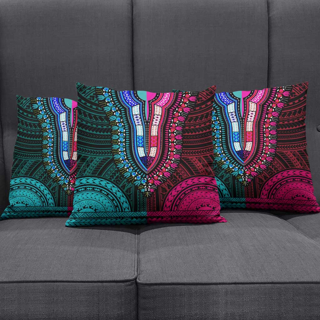 African Dashiki and Polynesian Pattern Pillow Cover Half Teal-Pink