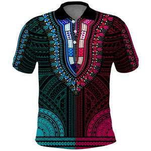 African Dashiki and Polynesian Pattern Polo Shirt Half Teal-Pink