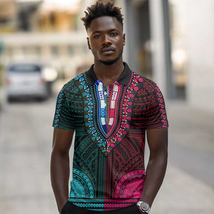 African Dashiki and Polynesian Pattern Polo Shirt Half Teal-Pink