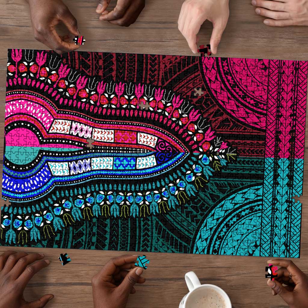 African Dashiki and Polynesian Pattern Puzzle Half Teal-Pink