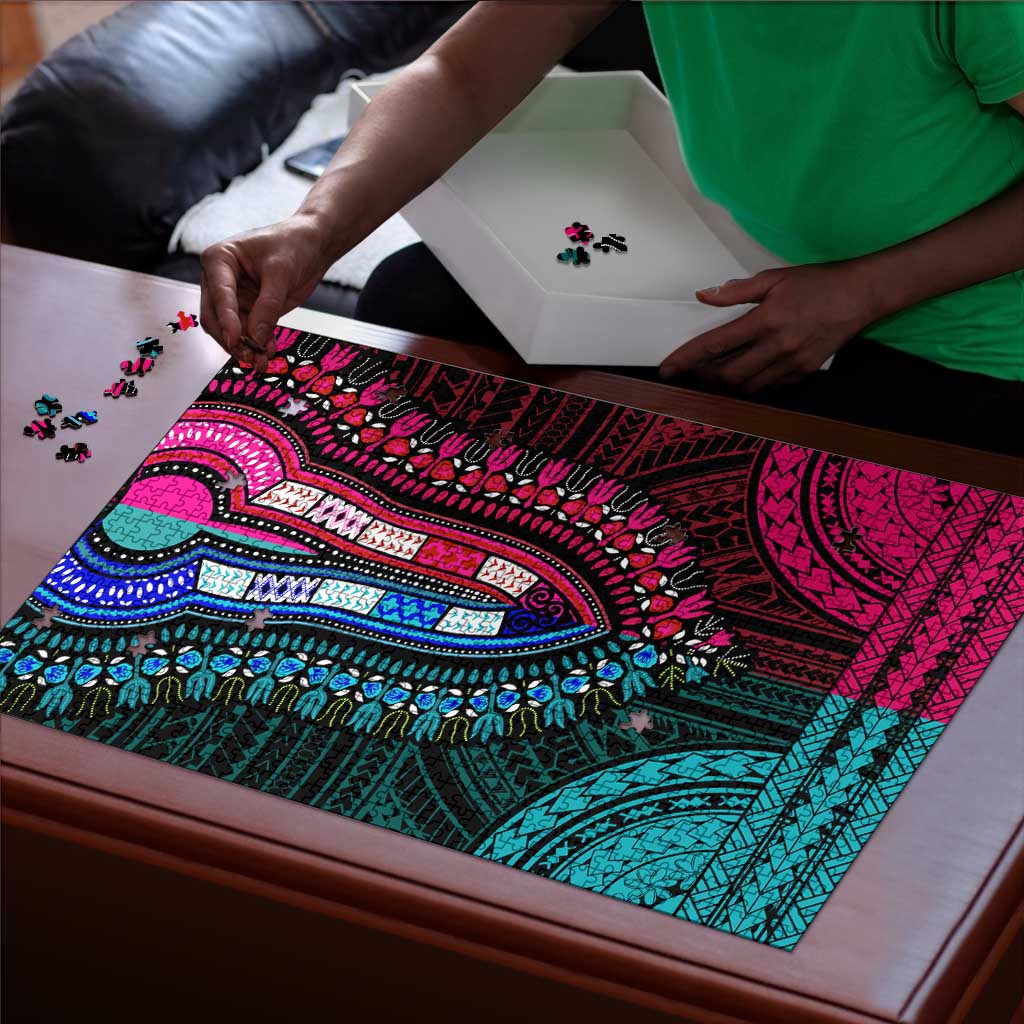 African Dashiki and Polynesian Pattern Puzzle Half Teal-Pink