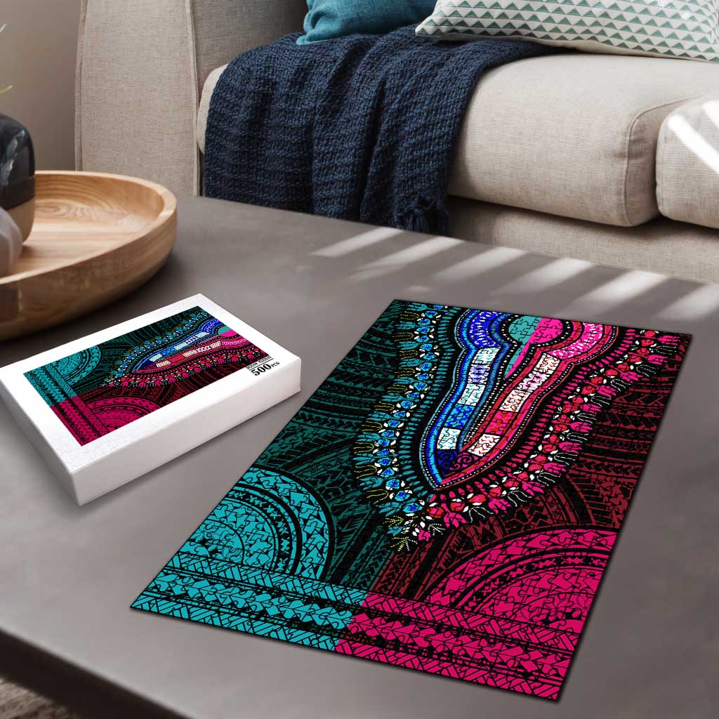 African Dashiki and Polynesian Pattern Puzzle Half Teal-Pink