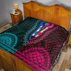 African Dashiki and Polynesian Pattern Quilt Half Teal-Pink