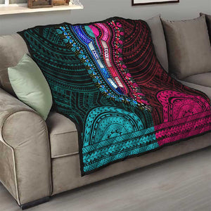 African Dashiki and Polynesian Pattern Quilt Half Teal-Pink