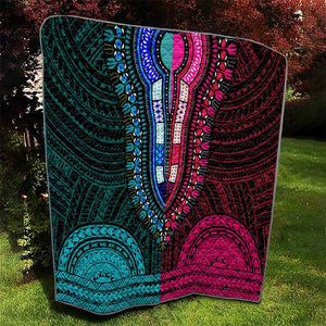 African Dashiki and Polynesian Pattern Quilt Half Teal-Pink