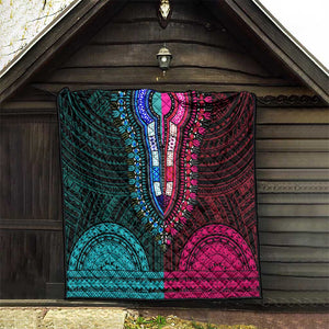 African Dashiki and Polynesian Pattern Quilt Half Teal-Pink