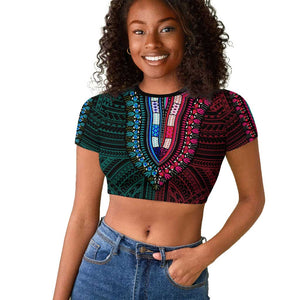 African Dashiki and Polynesian Pattern Raglan Cropped T shirt Half Teal-Pink