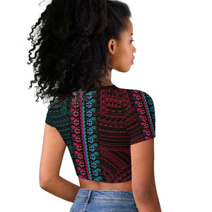 African Dashiki and Polynesian Pattern Raglan Cropped T shirt Half Teal-Pink