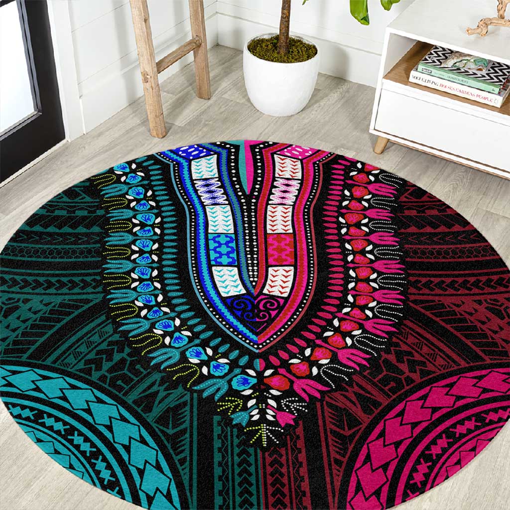 African Dashiki and Polynesian Pattern Round Carpet Half Teal-Pink