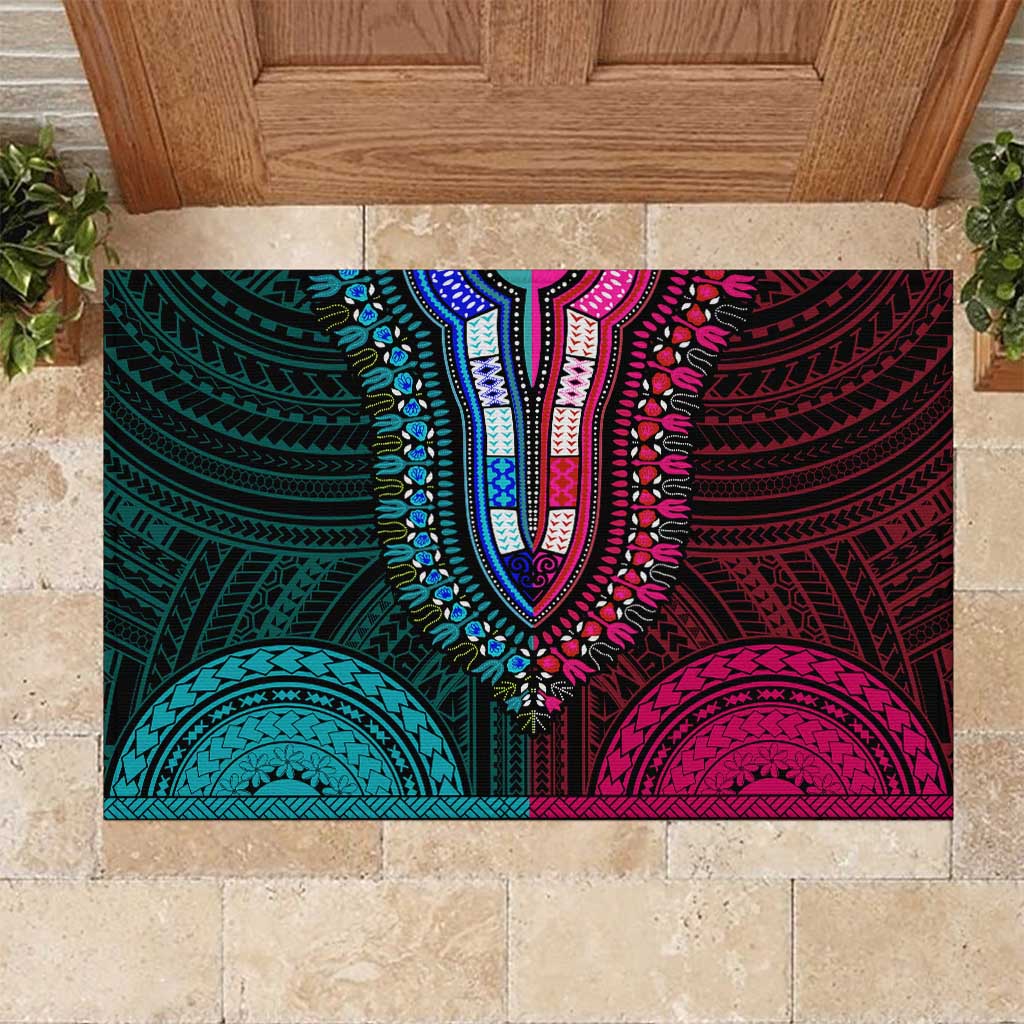 African Dashiki and Polynesian Pattern Rubber Doormat Half Teal-Pink