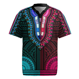 African Dashiki and Polynesian Pattern Rugby Jersey Half Teal-Pink