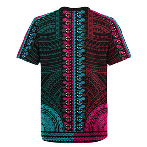 African Dashiki and Polynesian Pattern Rugby Jersey Half Teal-Pink