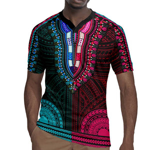 African Dashiki and Polynesian Pattern Rugby Jersey Half Teal-Pink