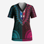 African Dashiki and Polynesian Pattern Scrub Top Half Teal-Pink