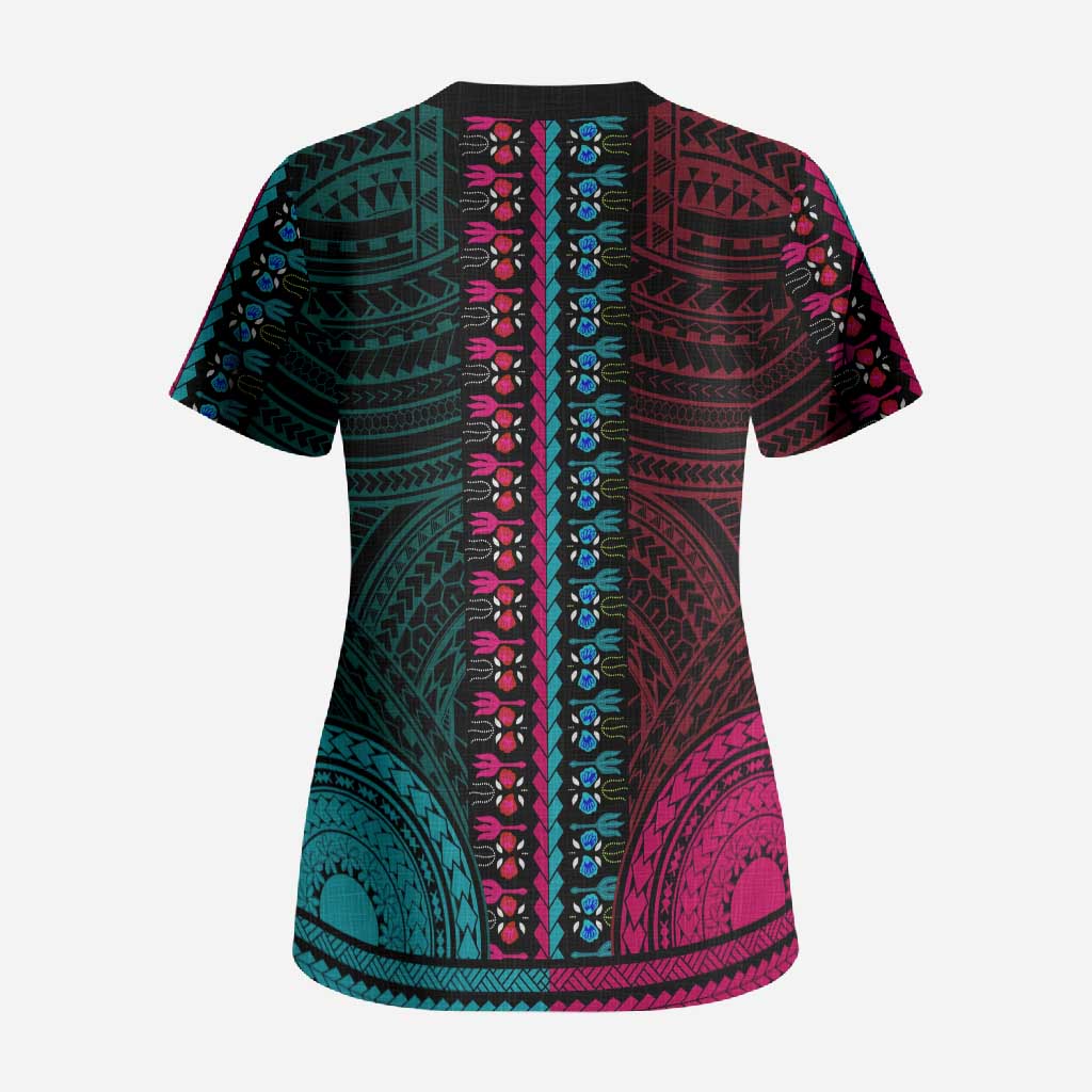 African Dashiki and Polynesian Pattern Scrub Top Half Teal-Pink