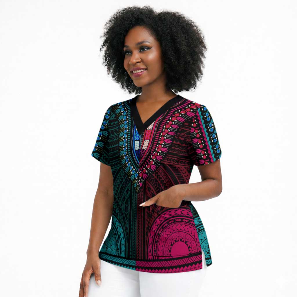 African Dashiki and Polynesian Pattern Scrub Top Half Teal-Pink