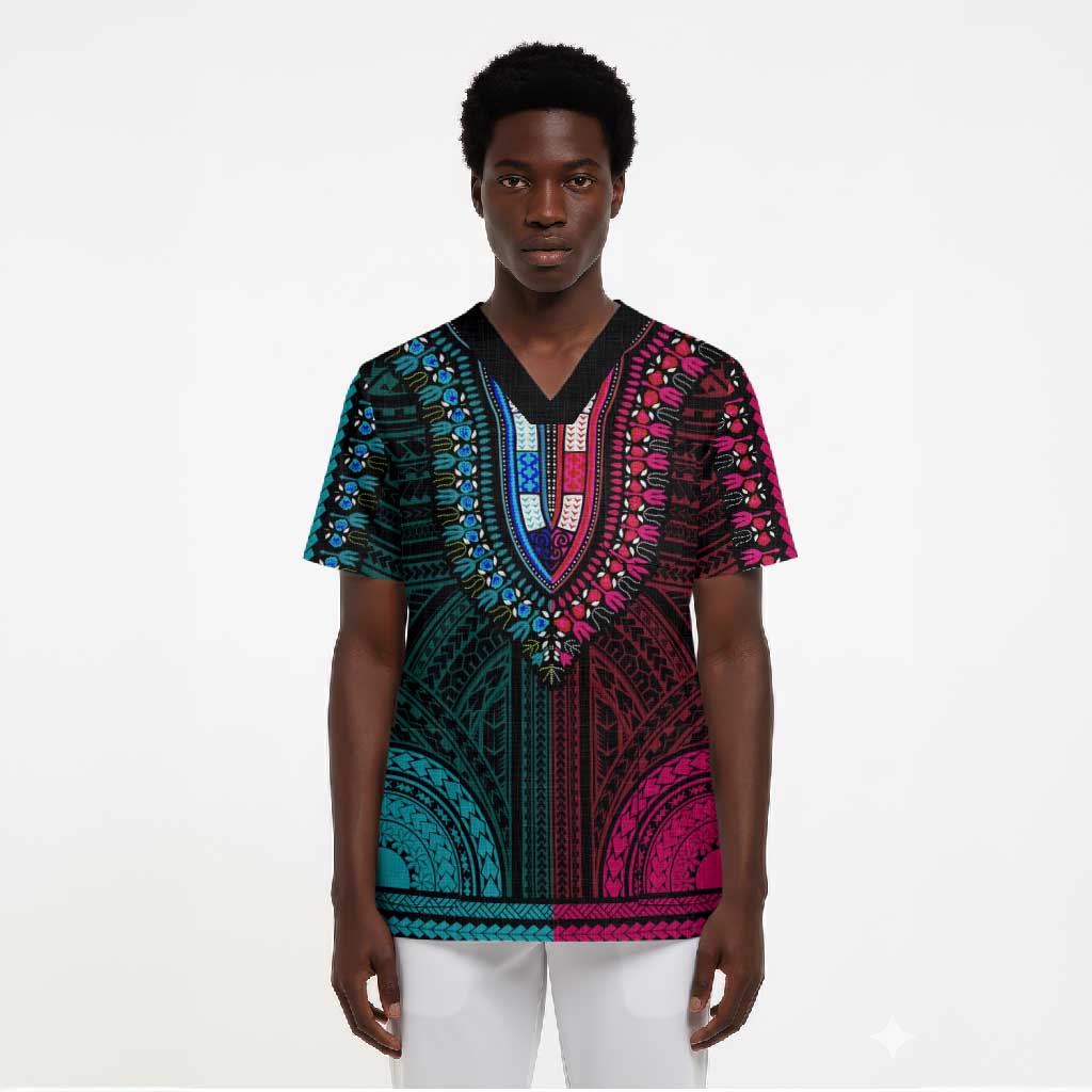 African Dashiki and Polynesian Pattern Scrub Top Half Teal-Pink
