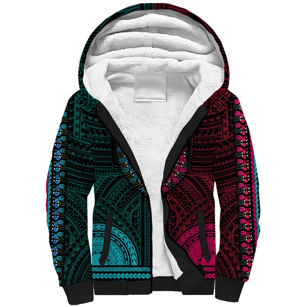 African Dashiki and Polynesian Pattern Sherpa Hoodie Half Teal-Pink