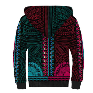 African Dashiki and Polynesian Pattern Sherpa Hoodie Half Teal-Pink