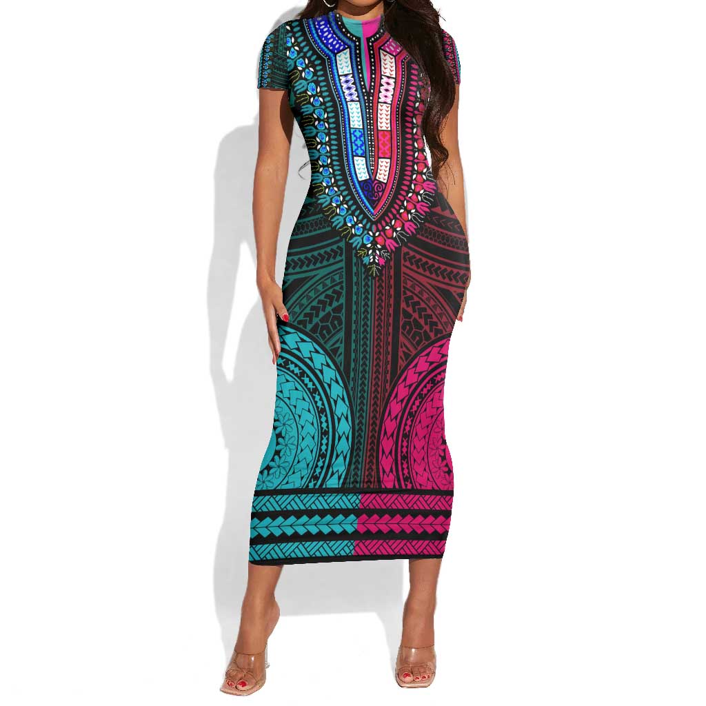 African Dashiki and Polynesian Pattern Short Sleeve Bodycon Dress Half Teal-Pink