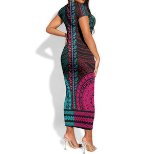 African Dashiki and Polynesian Pattern Short Sleeve Bodycon Dress Half Teal-Pink