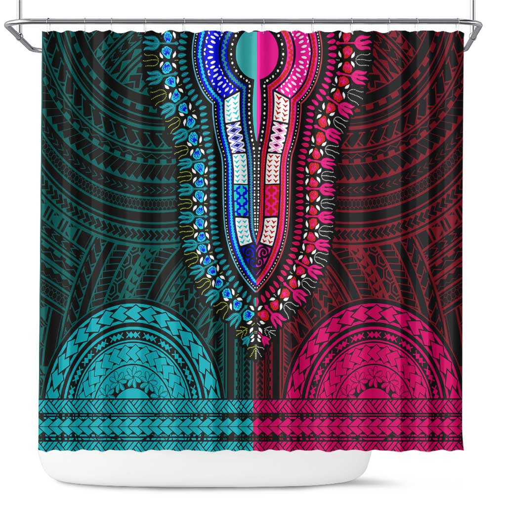 African Dashiki and Polynesian Pattern Shower Curtain Half Teal-Pink