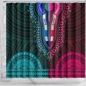 African Dashiki and Polynesian Pattern Shower Curtain Half Teal-Pink