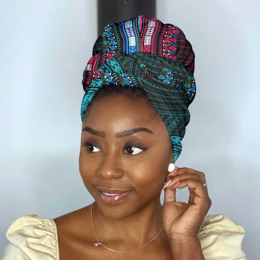 African Dashiki and Polynesian Pattern Simple Headwrap Half Teal-Pink