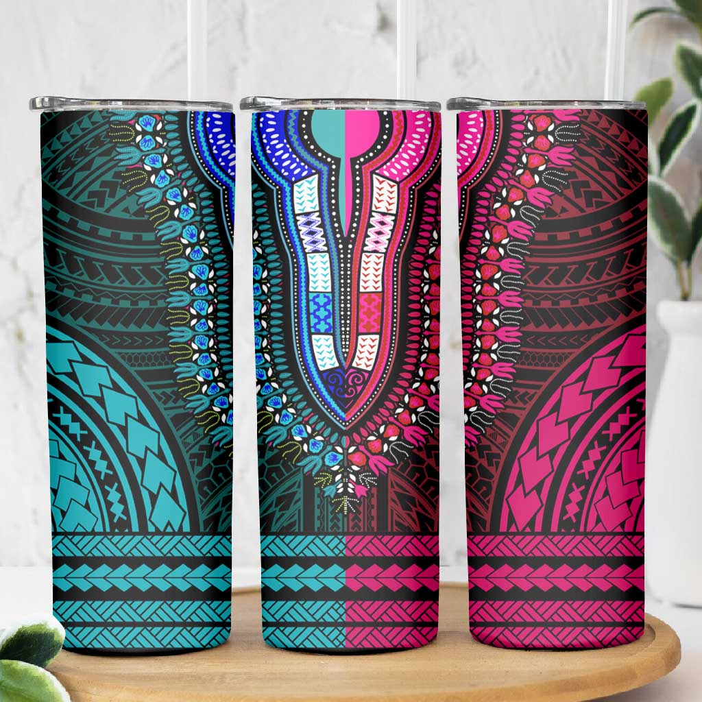 African Dashiki and Polynesian Pattern Skinny Tumbler Half Teal-Pink