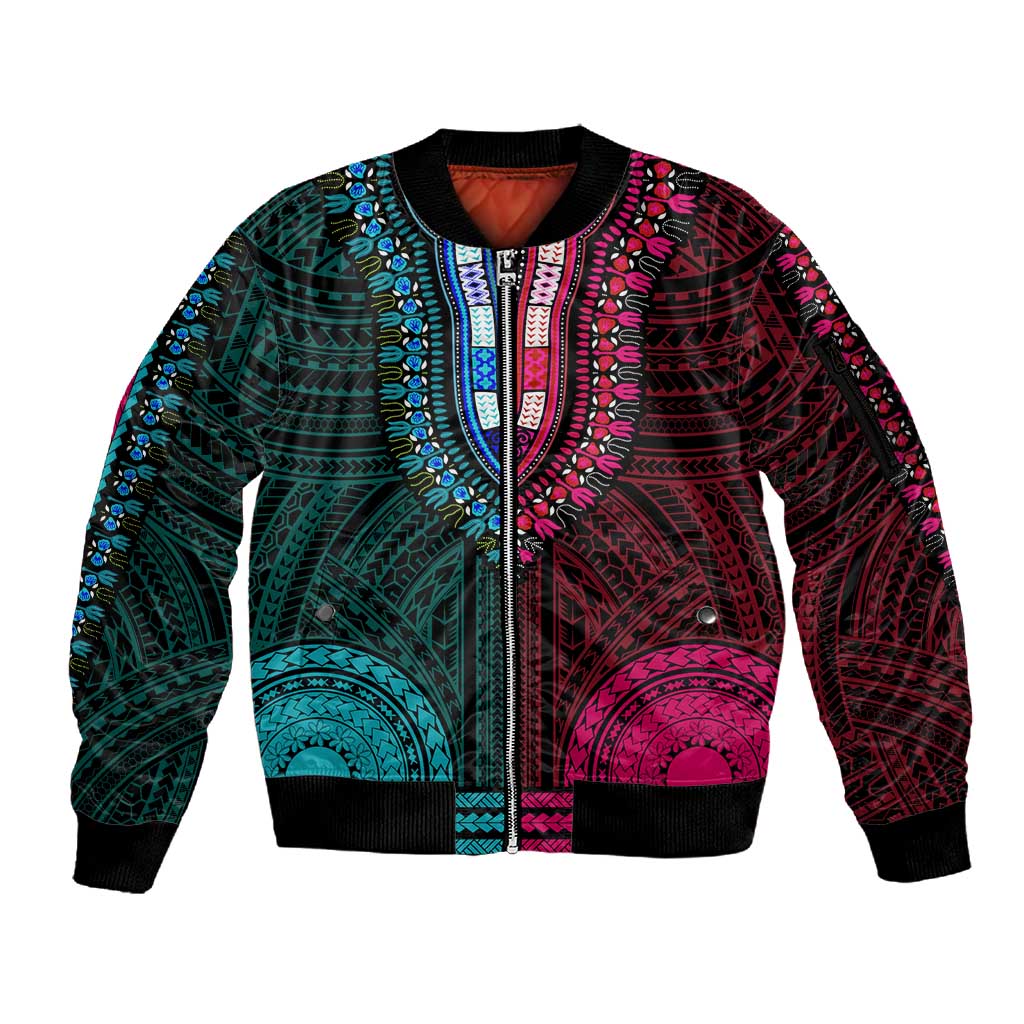 African Dashiki and Polynesian Pattern Sleeve Zip Bomber Jacket Half Teal-Pink