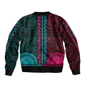 African Dashiki and Polynesian Pattern Sleeve Zip Bomber Jacket Half Teal-Pink