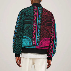 African Dashiki and Polynesian Pattern Sleeve Zip Bomber Jacket Half Teal-Pink