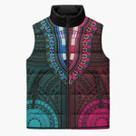African Dashiki and Polynesian Pattern Sleeveless Puffer Jacket Half Teal-Pink
